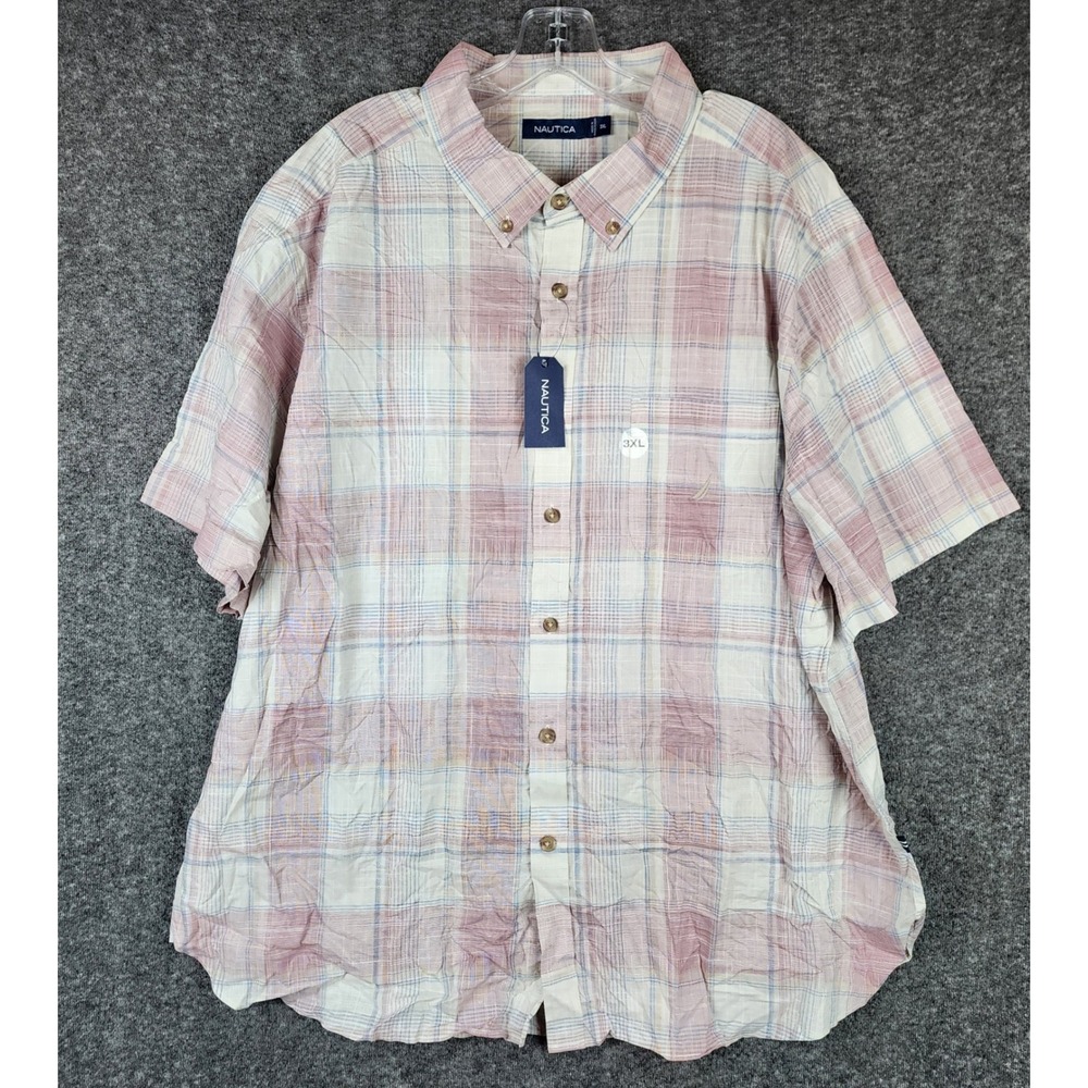 Nautica Button Down Shirt Mens 3XL Deep Fuschi Plaid Short Sleeve WR5580 NEW